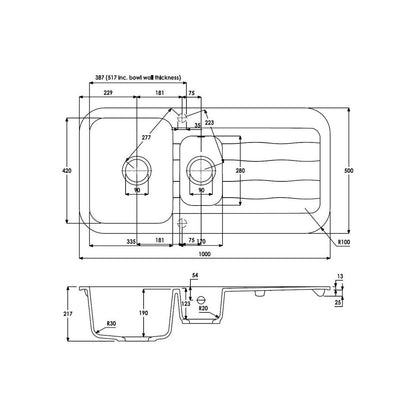 Abode Dune 1.5B & Drainer Granite Inset Sink - Black