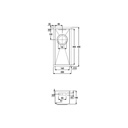 Abode Matrix R0 160mm Square 0.5B Undermount Sink - St/Steel