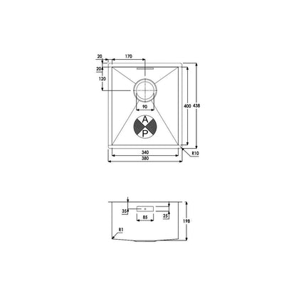 Abode Matrix R0 340mm Square 1B Undermount Sink - St/Steel