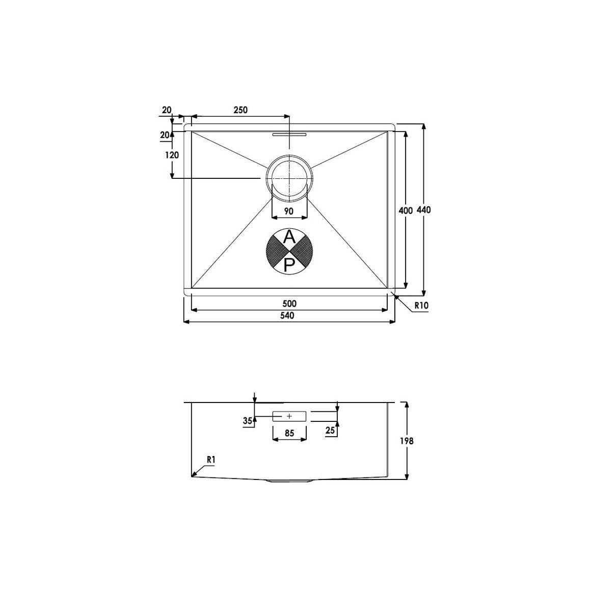 Abode Matrix R0 500mm 1B Undermount Sink - St/Steel