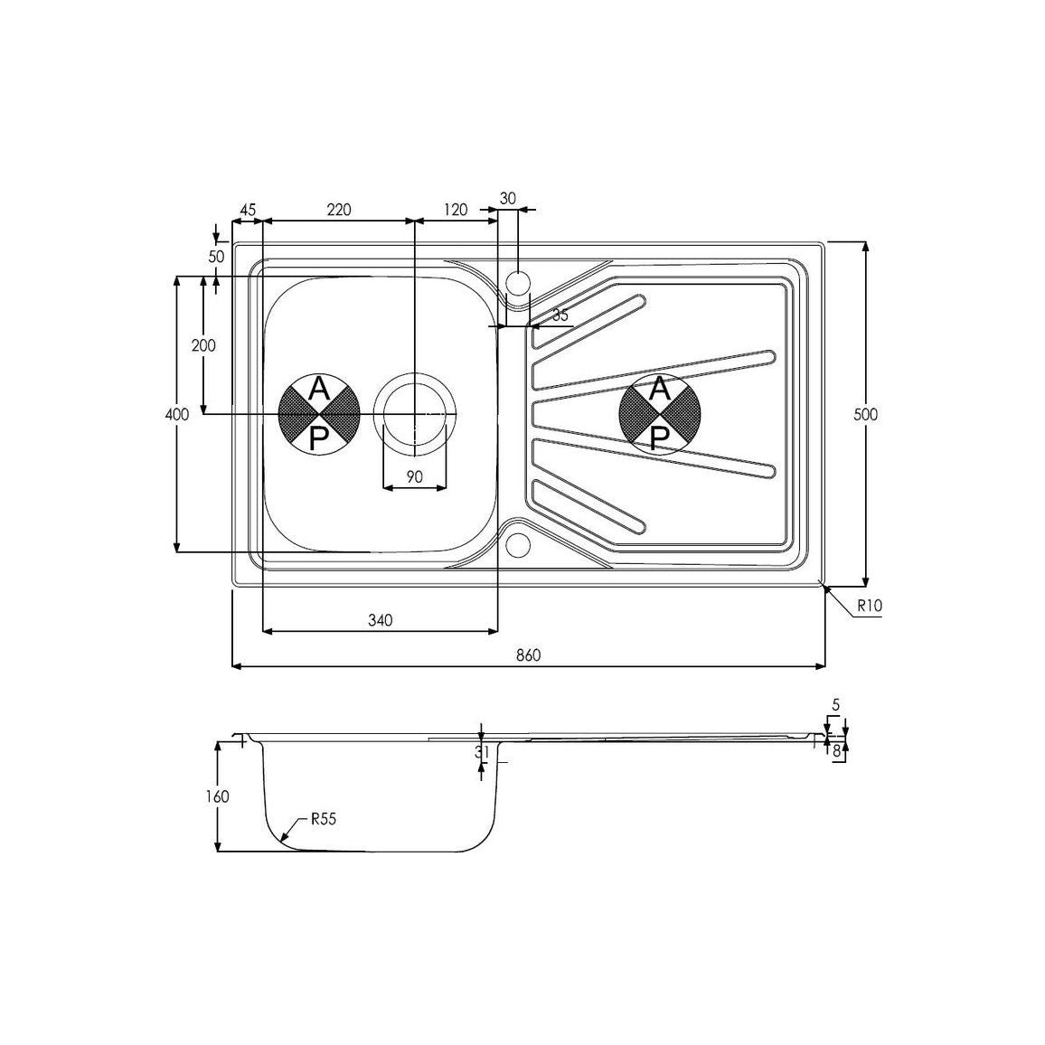 Abode Trydent 1B & Drainer Inset Sink - St/Steel