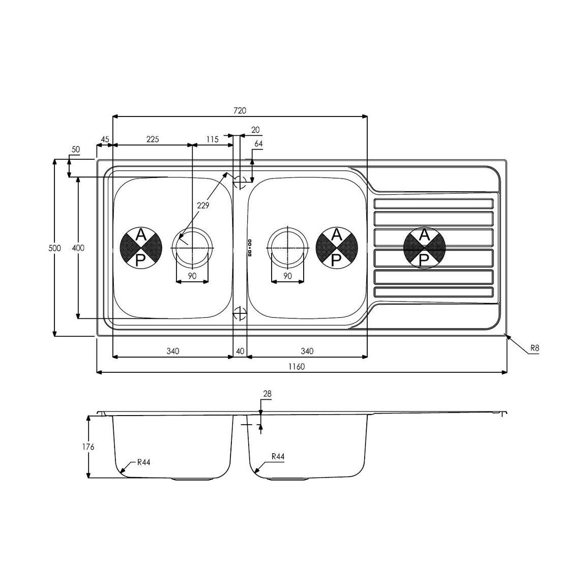 Abode Connekt 2B & Drainer Inset Sink - St/Steel