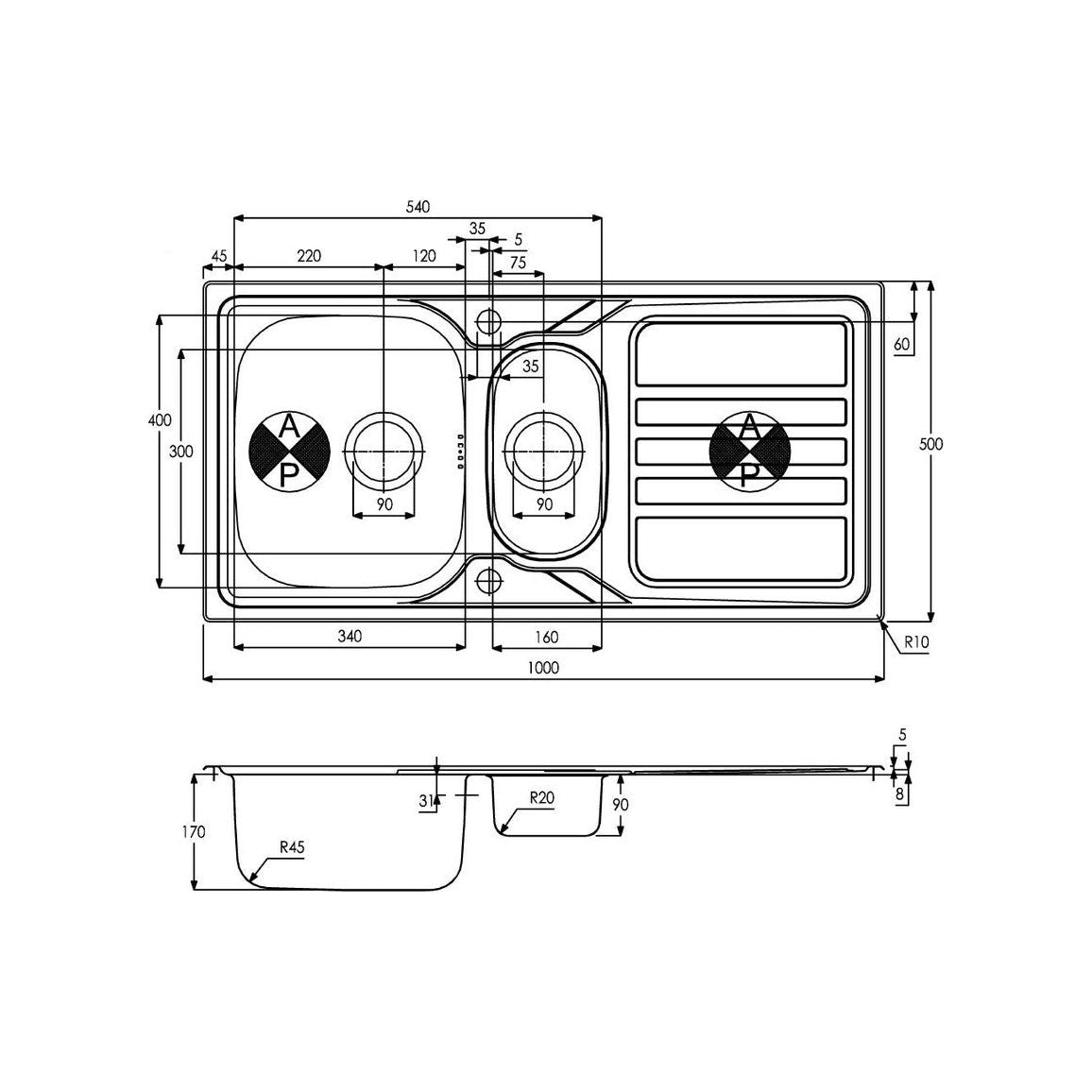 Abode Mikro 1.5B y fregadero empotrado con escurridor (en caja con desagües incluidos) - Inox/Acero