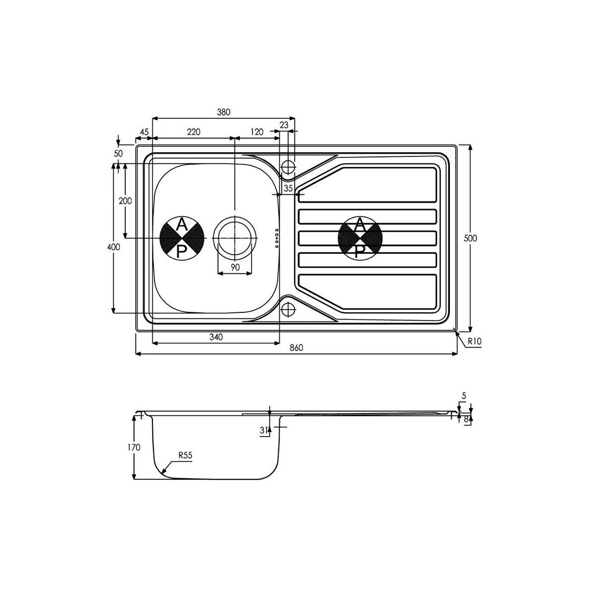 Fregadero empotrable Abode Mikro 1B y escurridor (en caja con desagüe incluido) - Inox/Acero