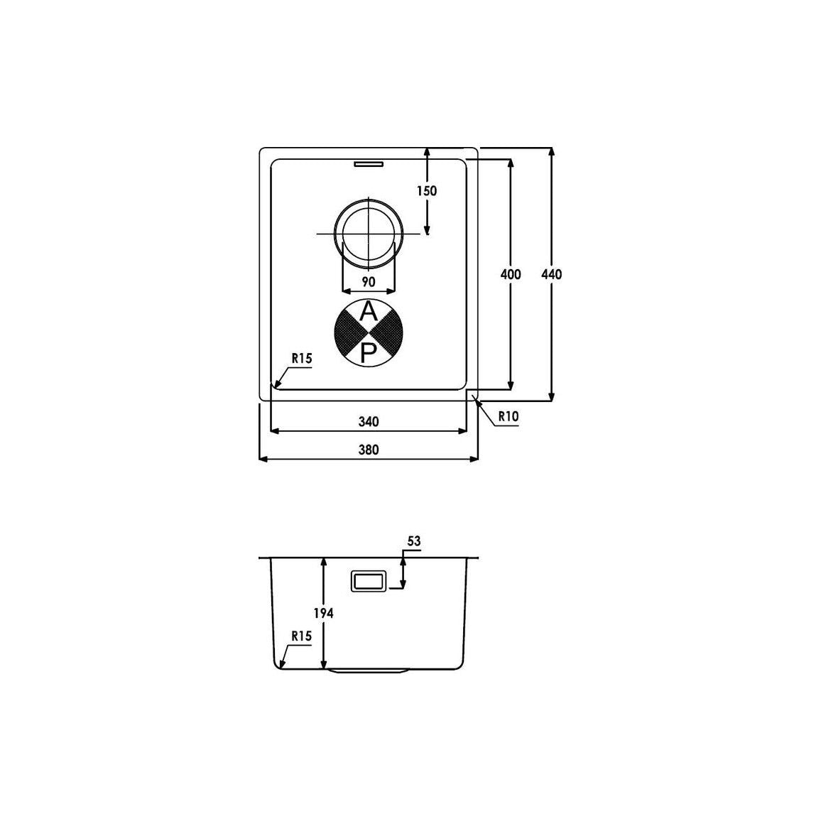 Abode Matrix R15 1B 340mm Undermount/Inset Sink - St/Steel