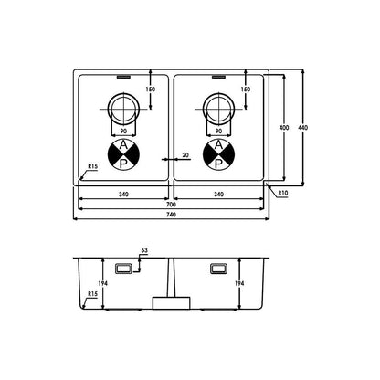 Abode Matrix R15 2B 700mm Undermount/Inset Sink - St/Steel