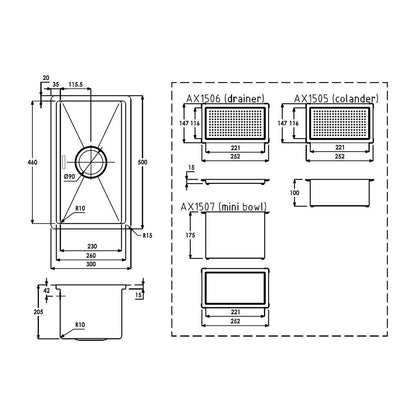 Évier sous plan Abode Studio 1B (accessoires inclus) - Acier