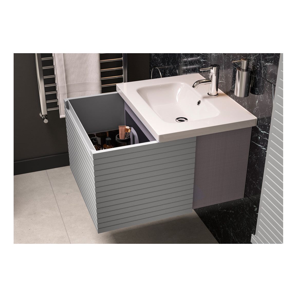 Meuble Lavabo et Vasque Suspendu 1 Tiroir 615 mm Châtaignier - Gris Minéral Mat