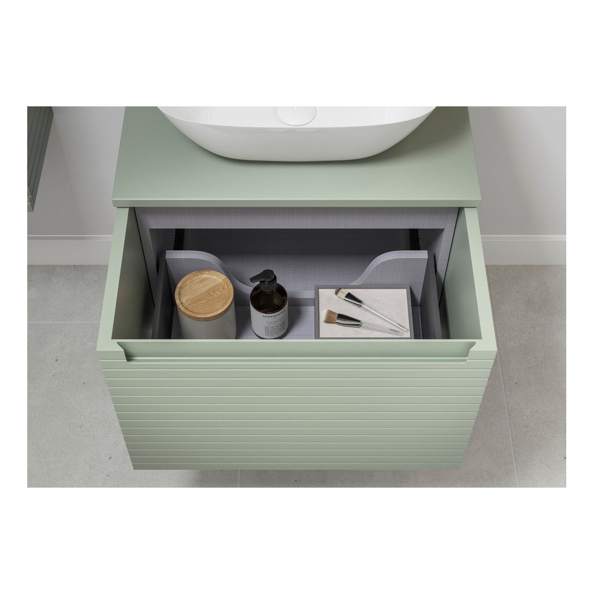 Mueble de lavabo suspendido con 1 cajón y encimera de castaño, 800 mm, verde sauce mate