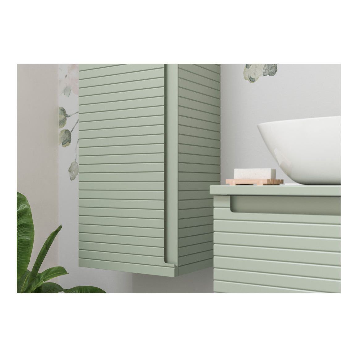 Mueble de lavabo suspendido con 1 cajón y encimera de castaño, 600 mm, verde sauce mate