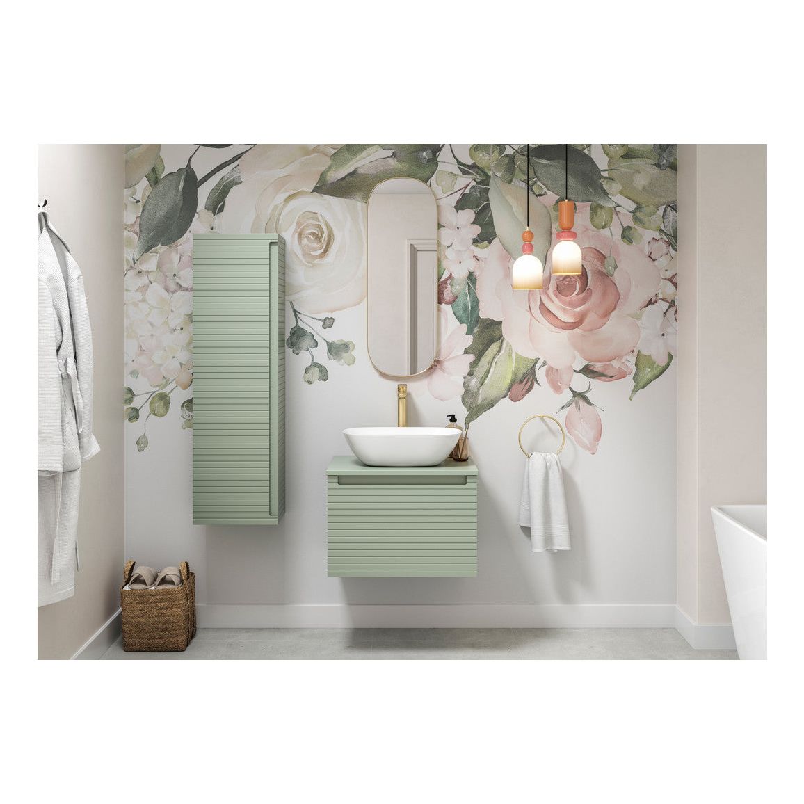 Mueble de lavabo y lavabo suspendido de 615 mm con 1 cajón en color castaño - Verde sauce mate