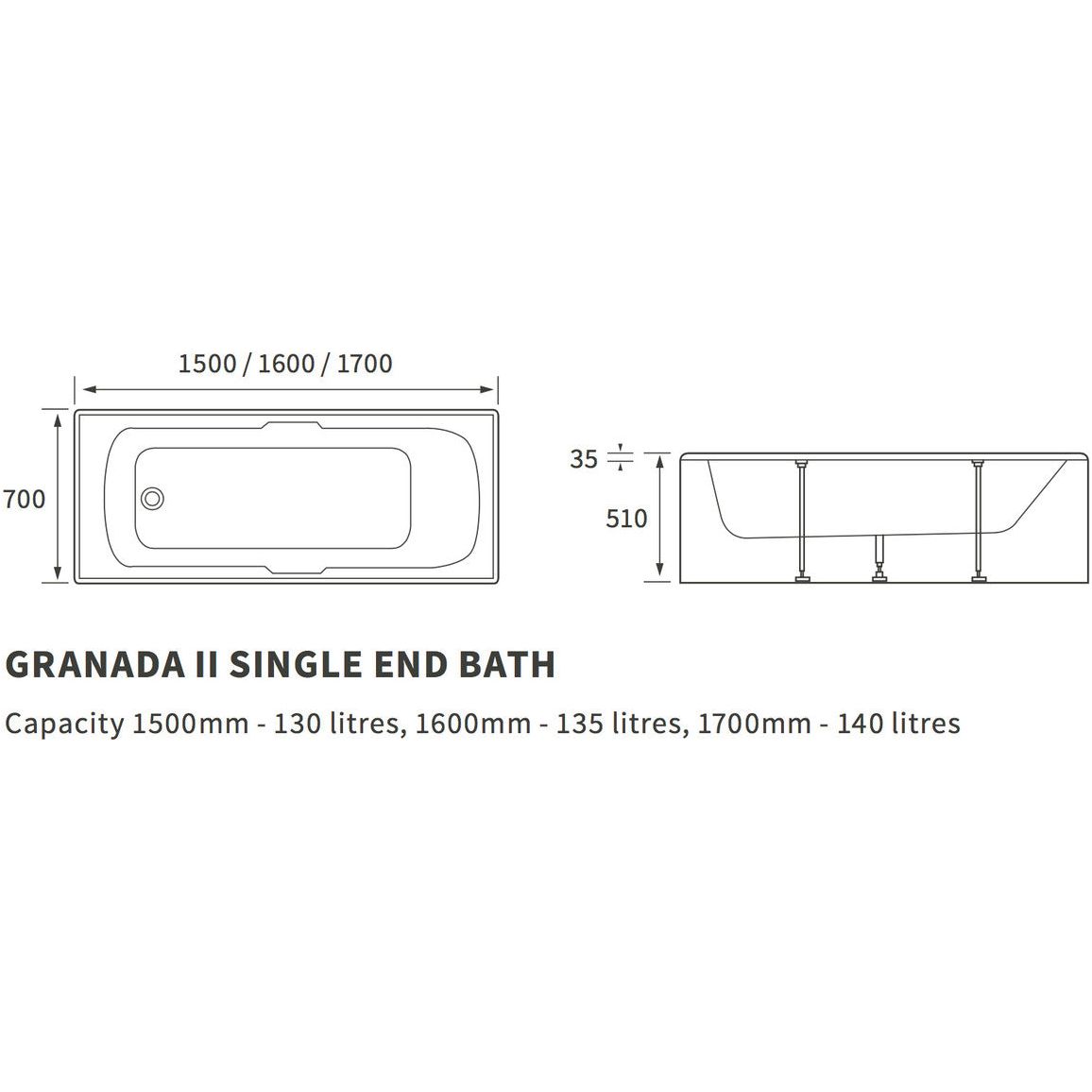 Granada II Single End Twin Grip Textured Base 8mm 1700x700x510mm 2TH Bath