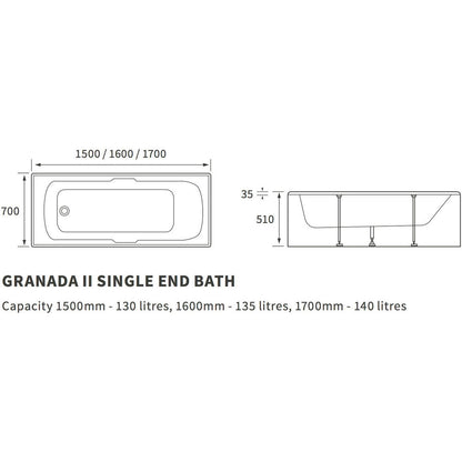 Granada II Single End Twin Grip Textured Base 8mm 1700x700x510mm 2TH Bath