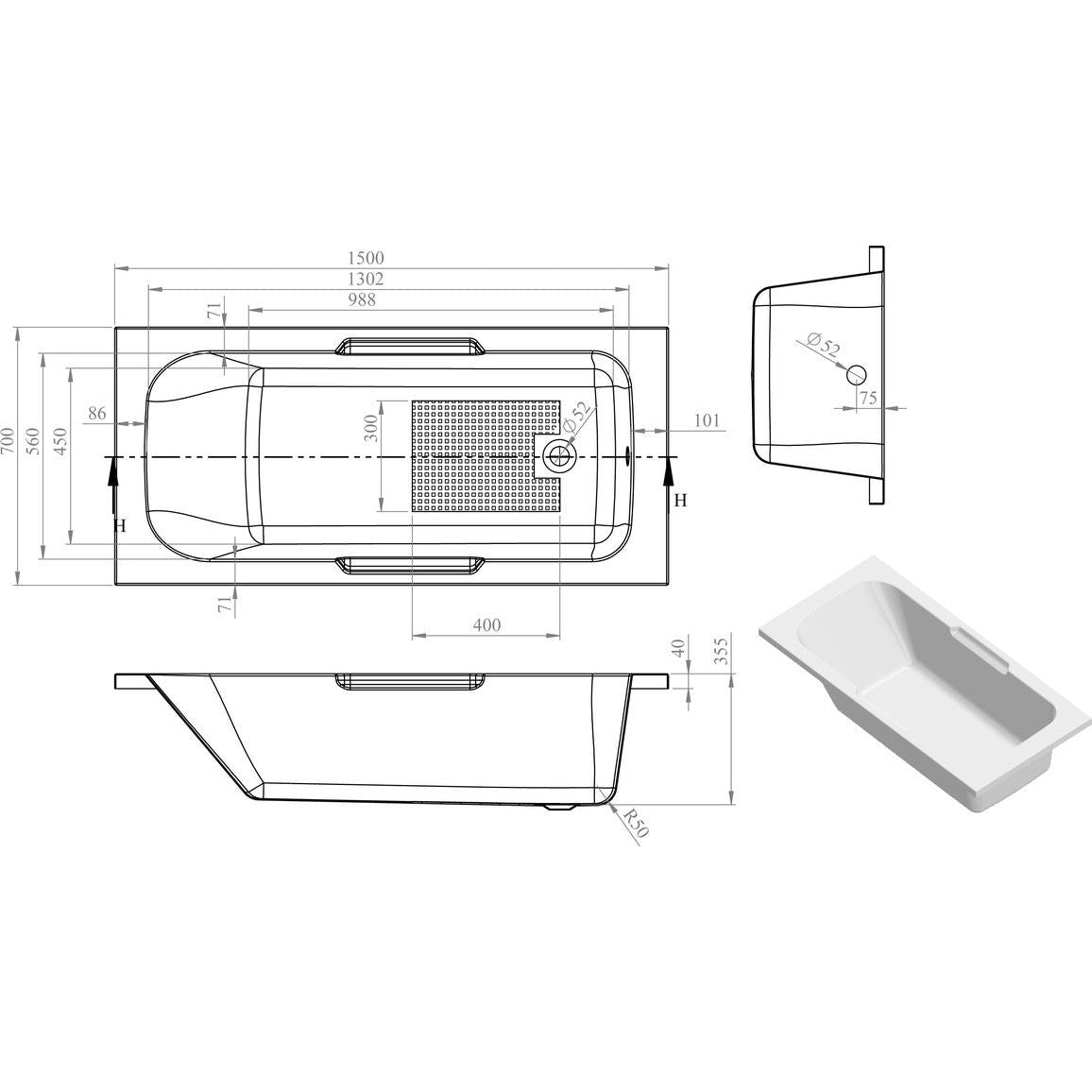 Eyo Gripped 1500x700x550mm 0TH Bath w/Legs