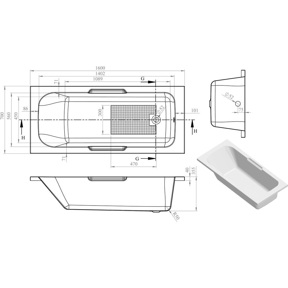 Eyo Gripped 1600x700x550mm 0TH Bath w/Legs