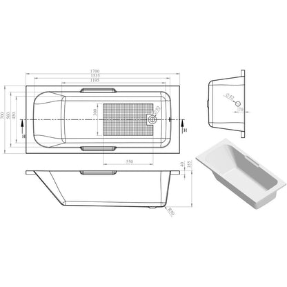 Eyo Gripped 1700x700x550mm 0TH Bath w/Legs