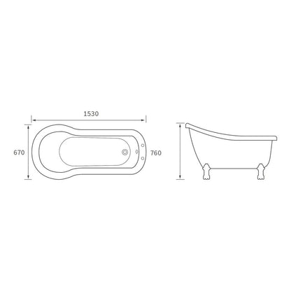 Edem Freestanding 1530x670x760mm 2TH Bath w/Feet