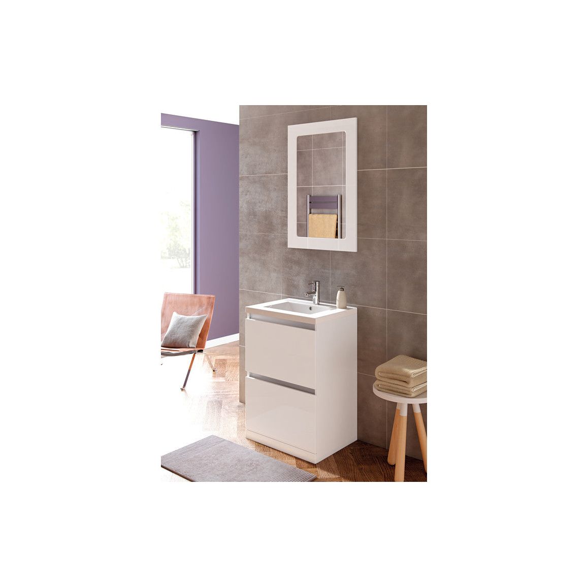 Meuble Lavabo Suspendu Conifer 600 mm 1 Tiroir Inc. Lavabo - Blanc Brillant