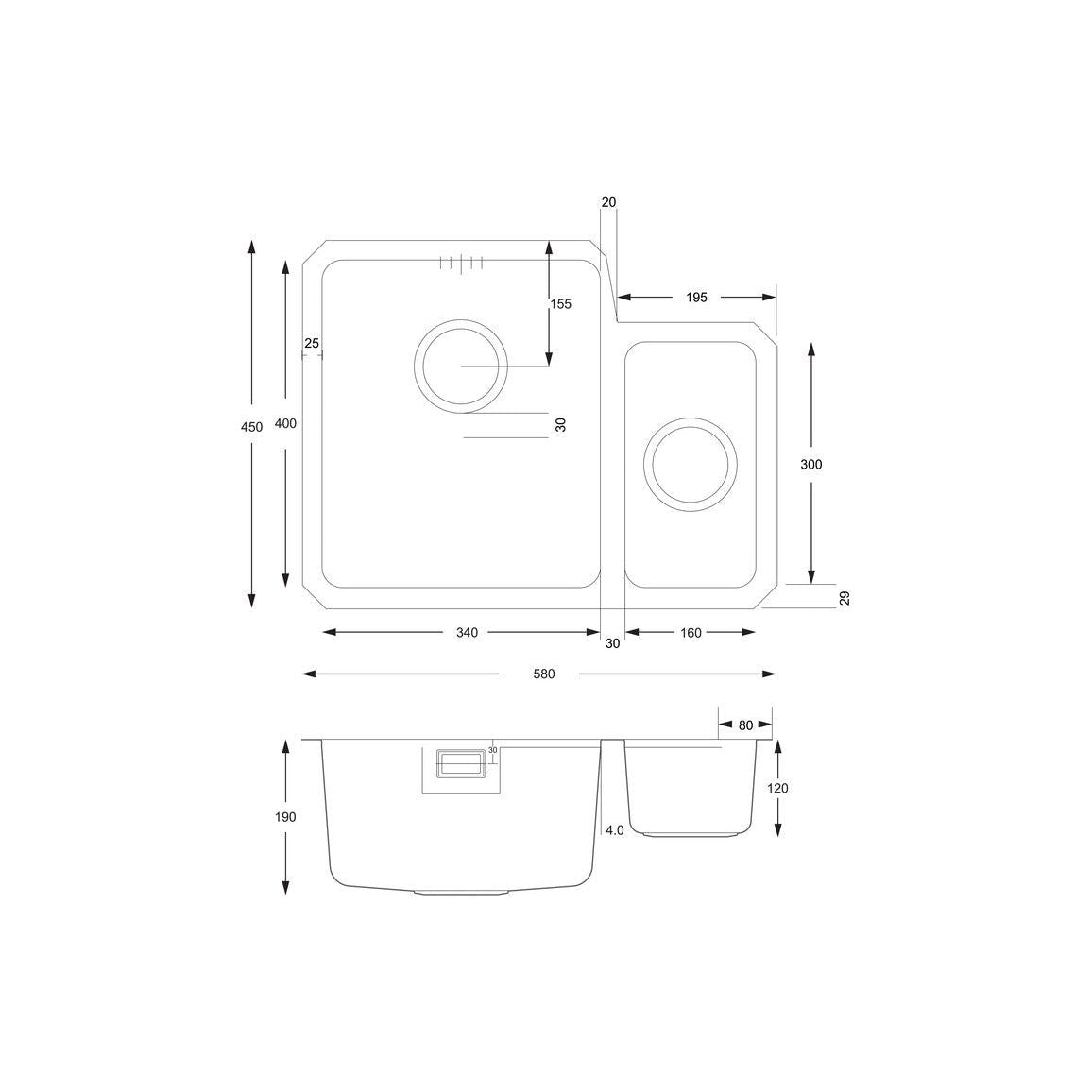 Évier sous plan Prima+ 1.5B R25 LH - Acier/acier