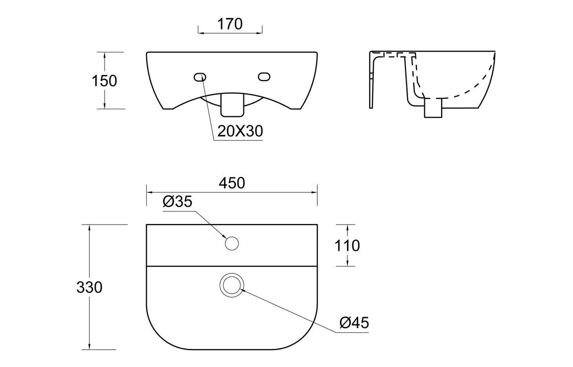 Awka 450x320mm 1TH Cloakroom Basin & Bottle Trap