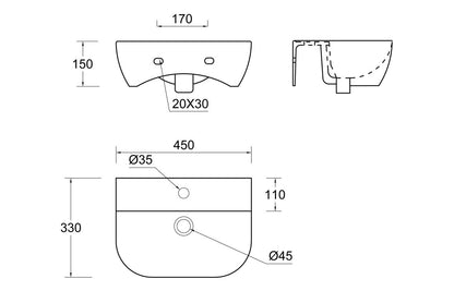 Awka 450x320mm 1TH Cloakroom Basin & Bottle Trap