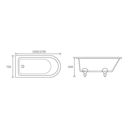 Usong Freestanding 1500x750x650mm 2TH Corner Bath w/Feet