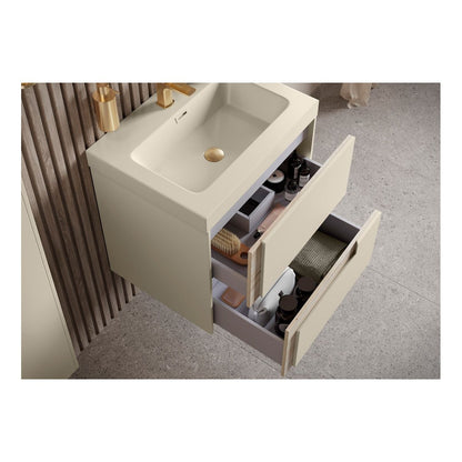 Mueble de lavabo suspendido con 2 cajones y lavabo a juego Canoe de 605 mm - Efecto algodón mate y roble
