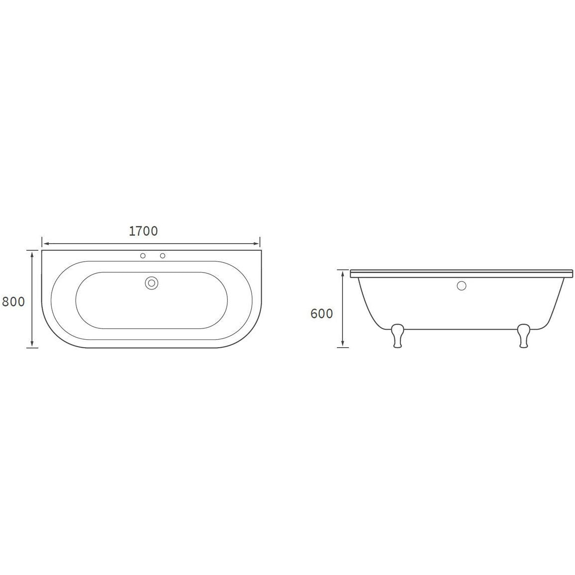 Amsteam Freestanding Back To Wall 1700x800x600mm 2TH Bath w/Feet - White