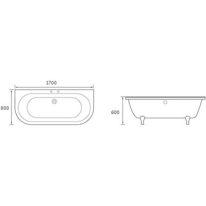 Amsteam Freestanding Back To Wall 1700x800x600mm 2TH Bath w/Feet - White