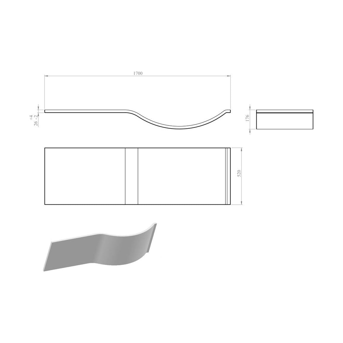1700mm P Shape Front Bath Panel - White