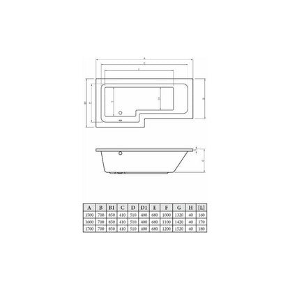 L-Shape 1700x700-850x410mm 0TH Shower Bath, Panel & Screen (LH)