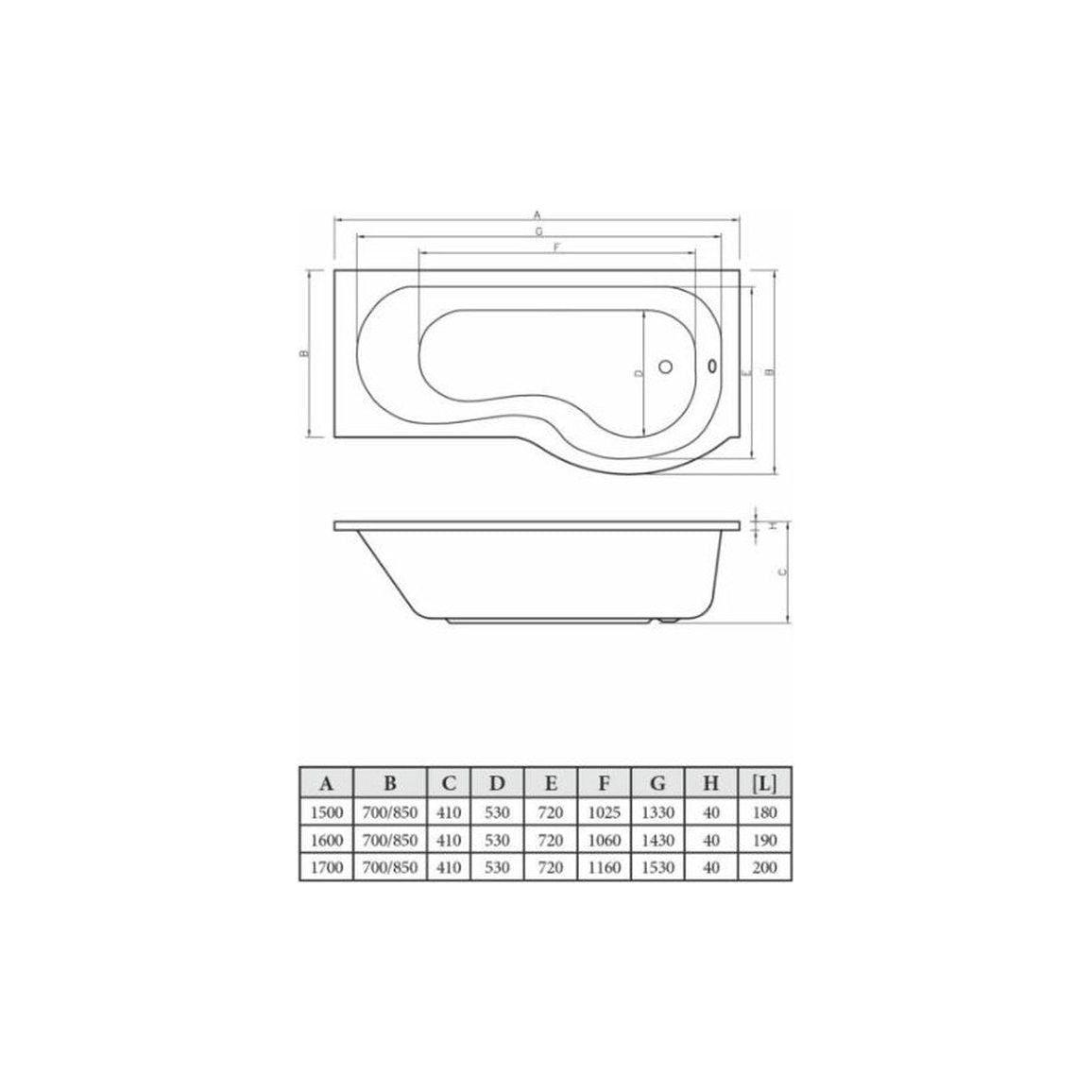 P-Shape 1700x700-850x410mm 0TH Shower Bath, Panel & Screen (LH)