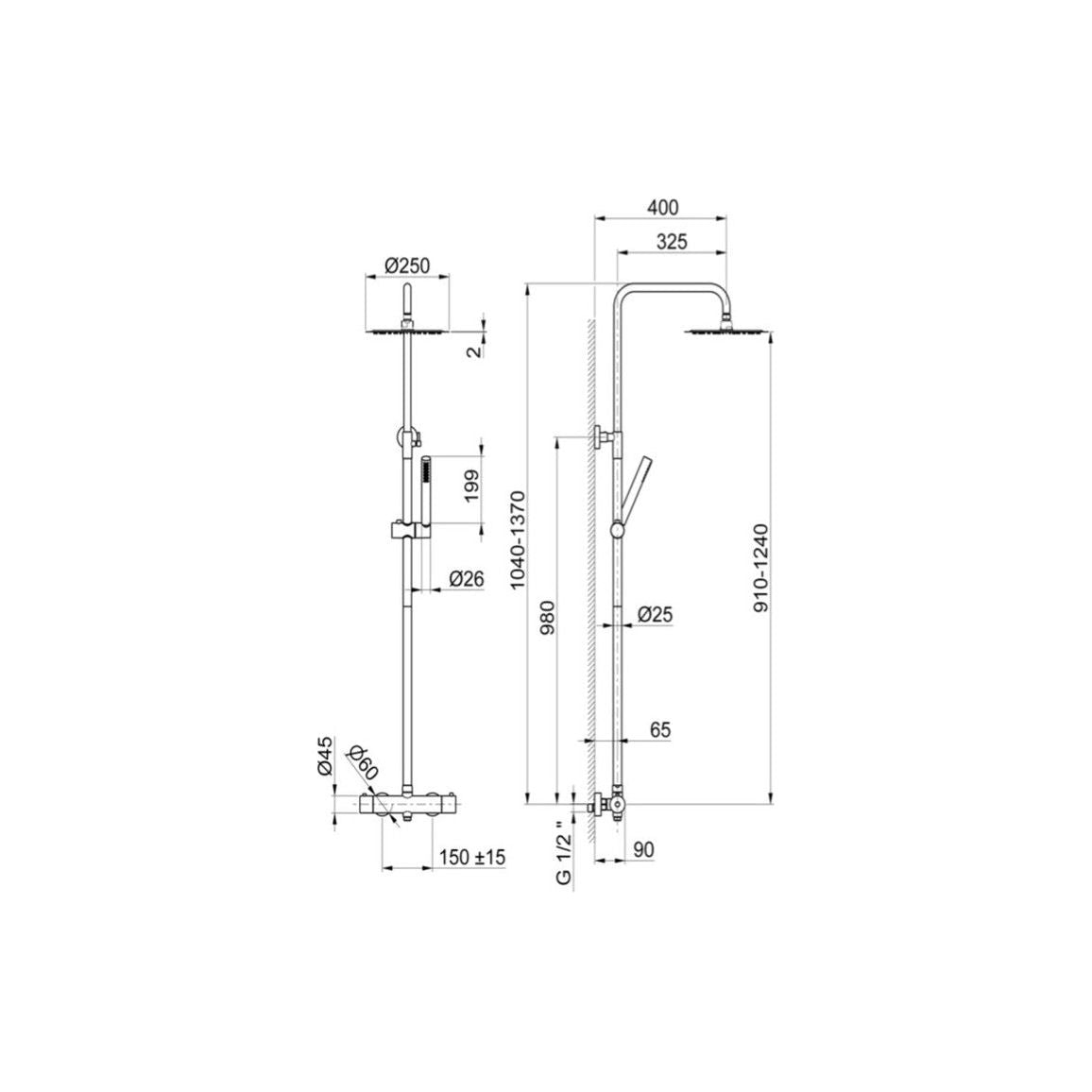 Colonne de douche thermostatique Vema avec tête fixe et colonne montante - Acier