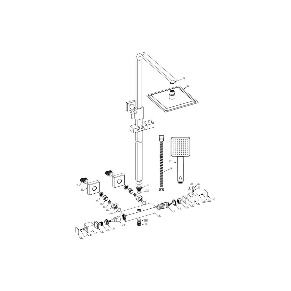 Square Thermostatic Bar Mixer w/Riser Kit - Matt Black