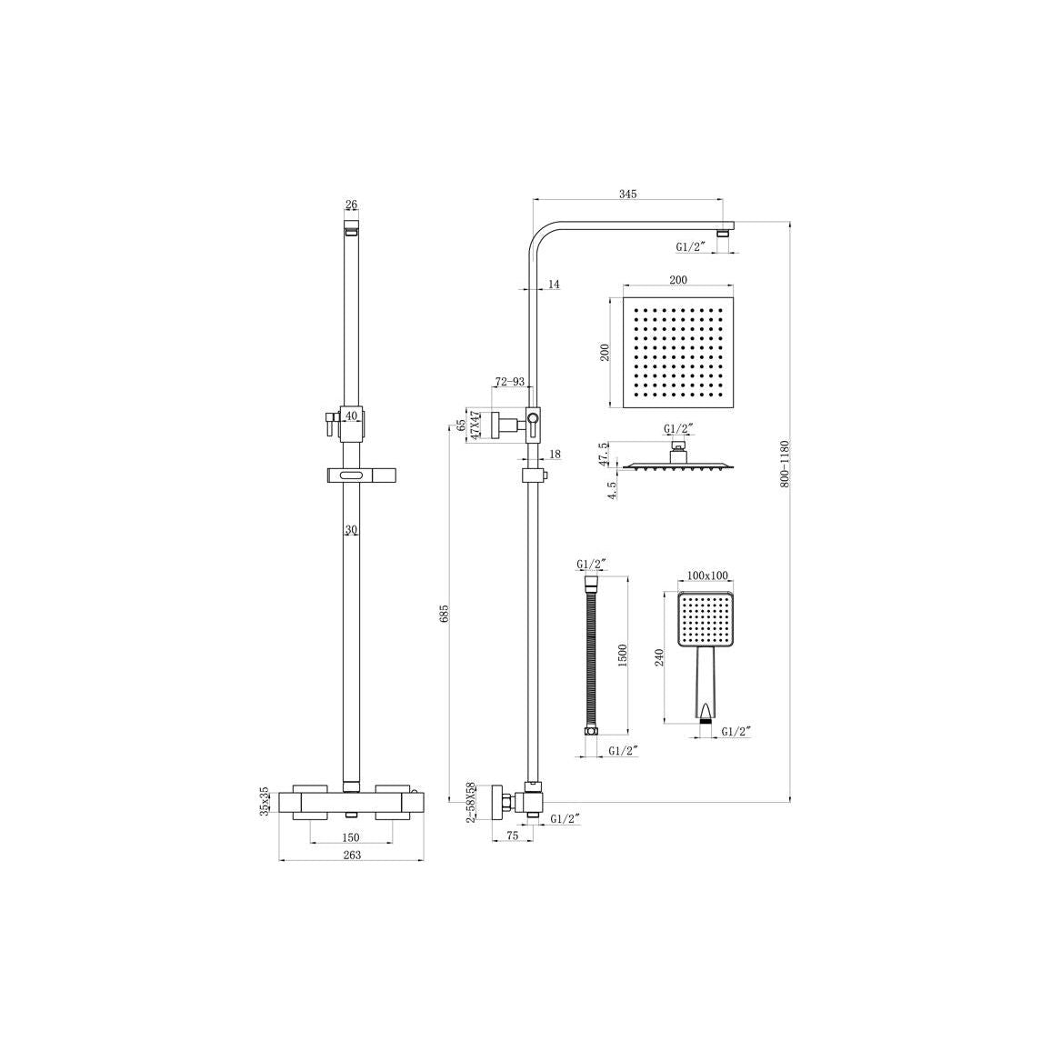 Square Thermostatic Bar Mixer w/Riser Kit - Matt Black