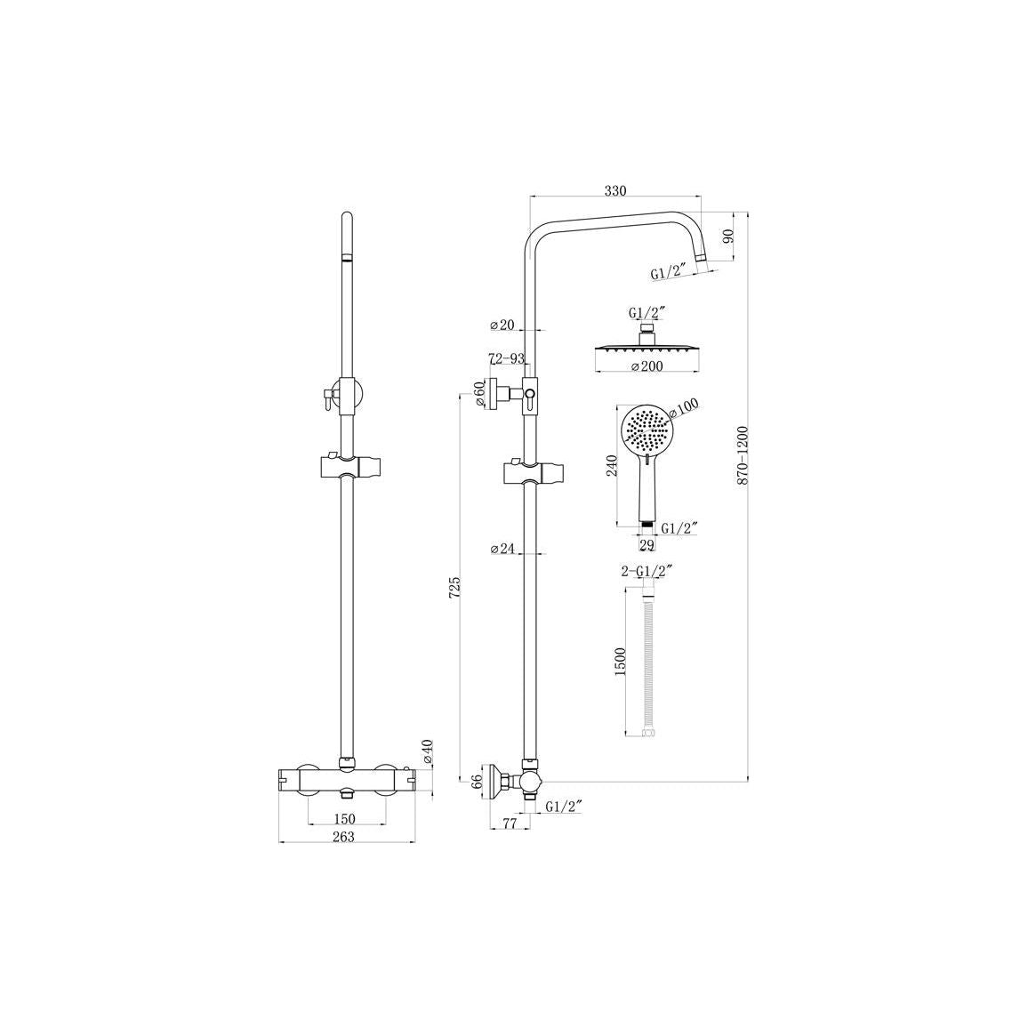 Round Thermostatic Bar Mixer w/Riser Kit - Brushed Brass