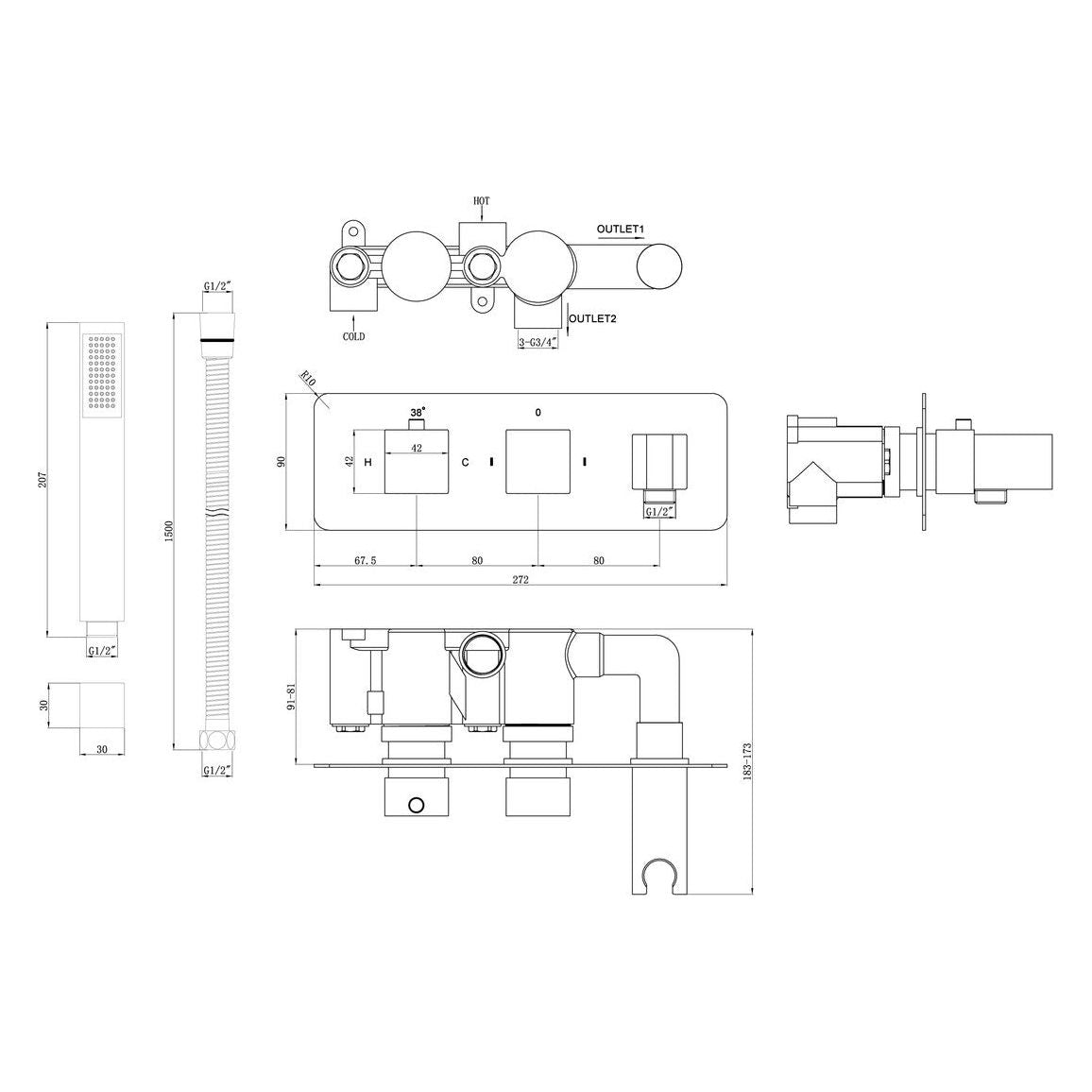 Alabama Thermostatic Two Outlet Shower Valve w/Handset