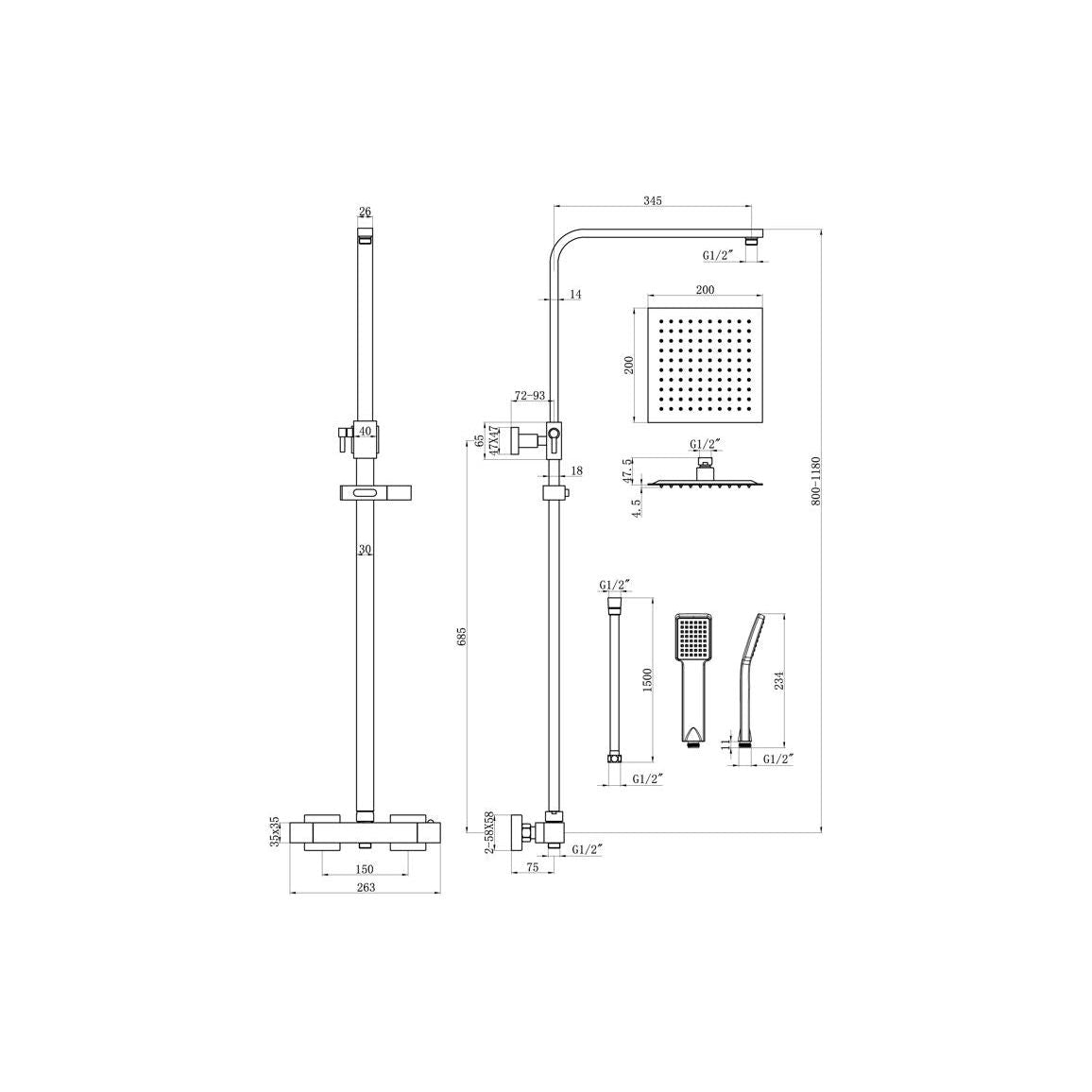 Mélangeur de barre thermostatique carré avec kit de colonne montante - Laiton brossé