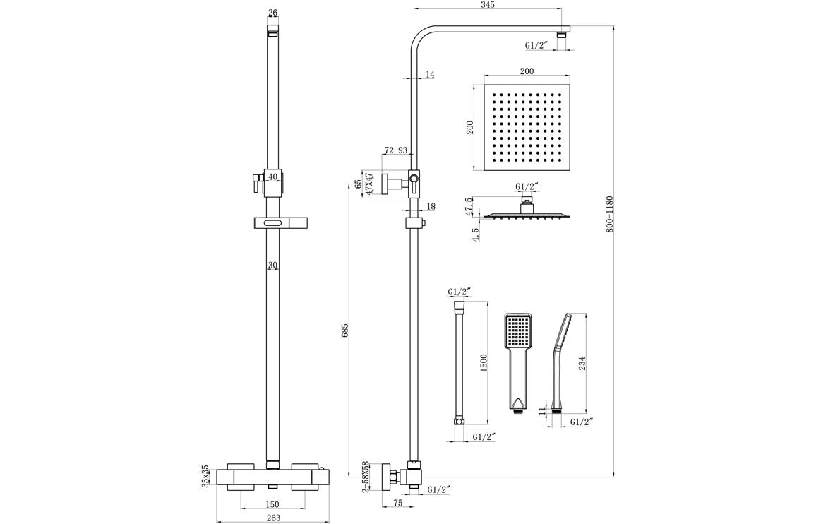 Square Thermostatic Bar Mixer w/Riser Kit - Brushed Bronze