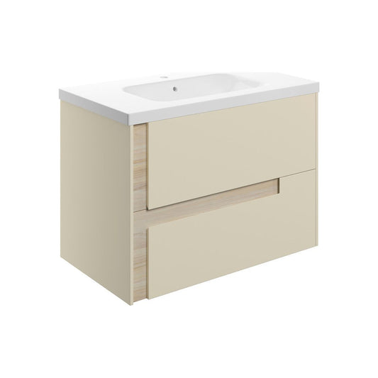 Mueble de lavabo suspendido con 2 cajones y lavabo blanco Canoe de 815 mm - Efecto algodón mate y roble