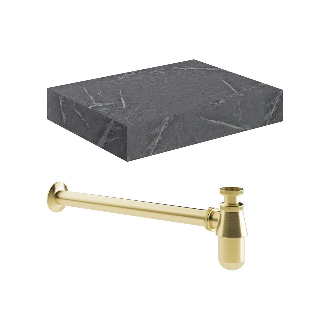 Hayes 600mm Wall Hung Grey Marble Basin Shelf & Brushed Brass Bottle Trap