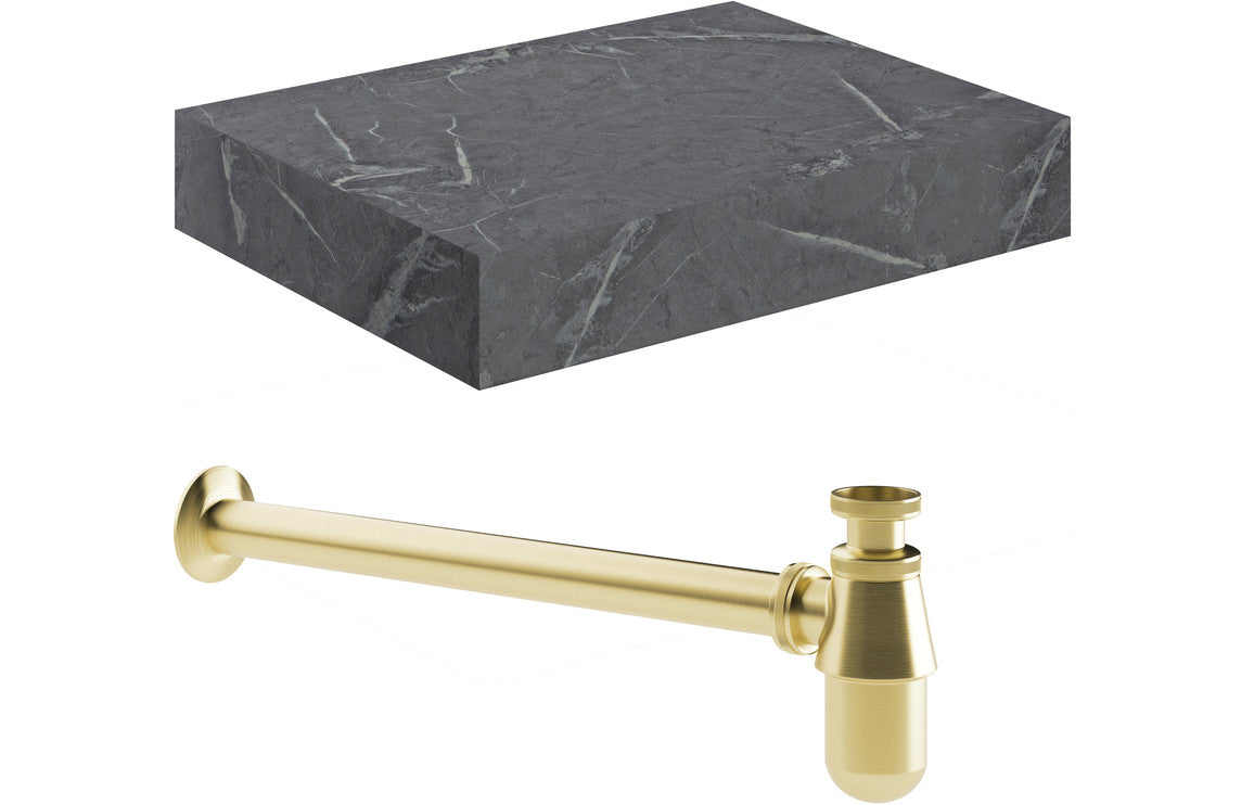 Hayes 600mm Wall Hung Grey Marble Basin Shelf & Bottle Trap