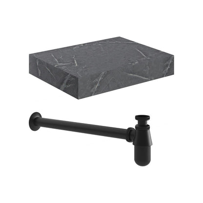 Hayes 600mm Wall Hung Grey Marble Basin Shelf & Black Bottle Trap