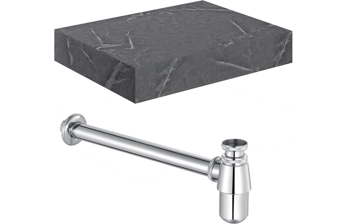 Hayes 600mm Wall Hung Grey Marble Basin Shelf & Bottle Trap