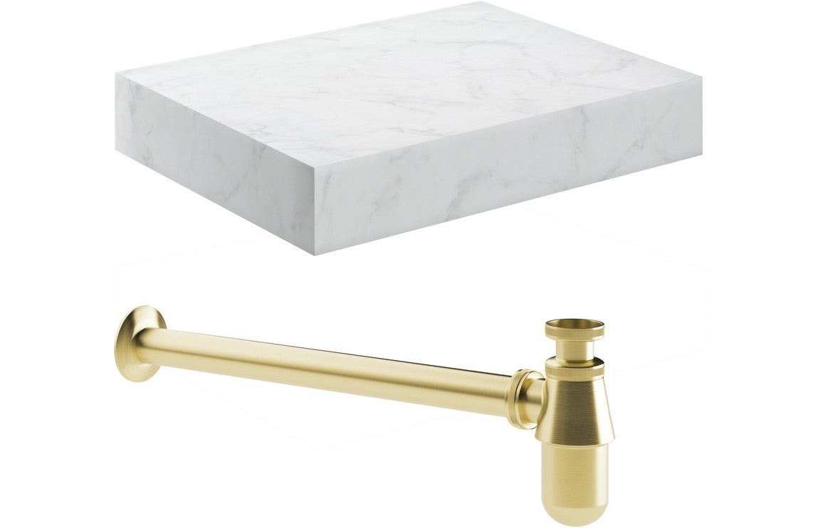 Hayes 600mm Wall Hung White Marble Basin Shelf & Bottle Trap