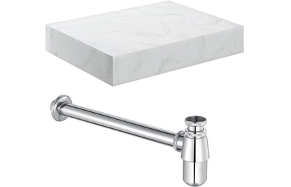 Hayes 600mm Wall Hung White Marble Basin Shelf & Bottle Trap