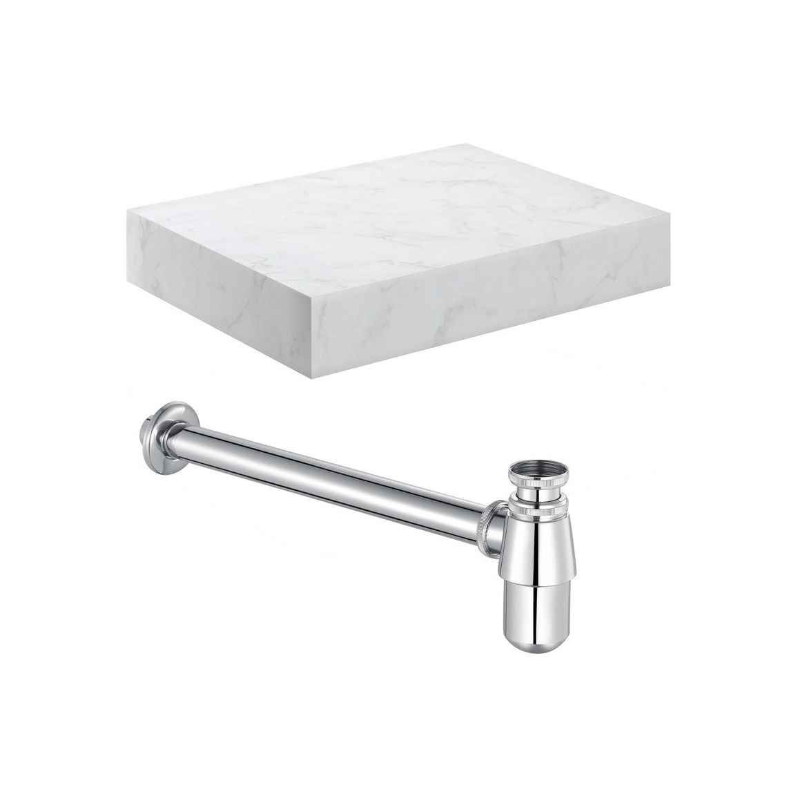 Étagère murale pour lavabo en marbre blanc Hayes de 600 mm et siphon à bouteilles chromé