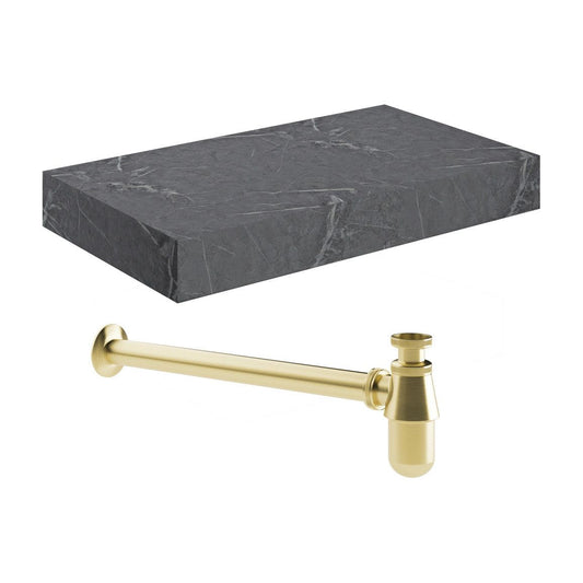 Hayes 800mm Wall Hung Grey Marble Basin Shelf & Brushed Brass Bottle Trap