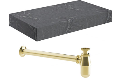 Hayes 800mm Wall Hung Grey Marble Basin Shelf & Brushed Bronze Bottle Trap