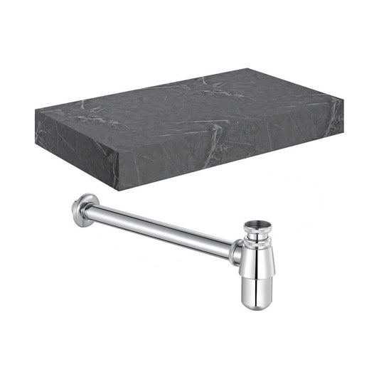 Hayes 800mm Wall Hung Grey Marble Basin Shelf & Chrome Bottle Trap